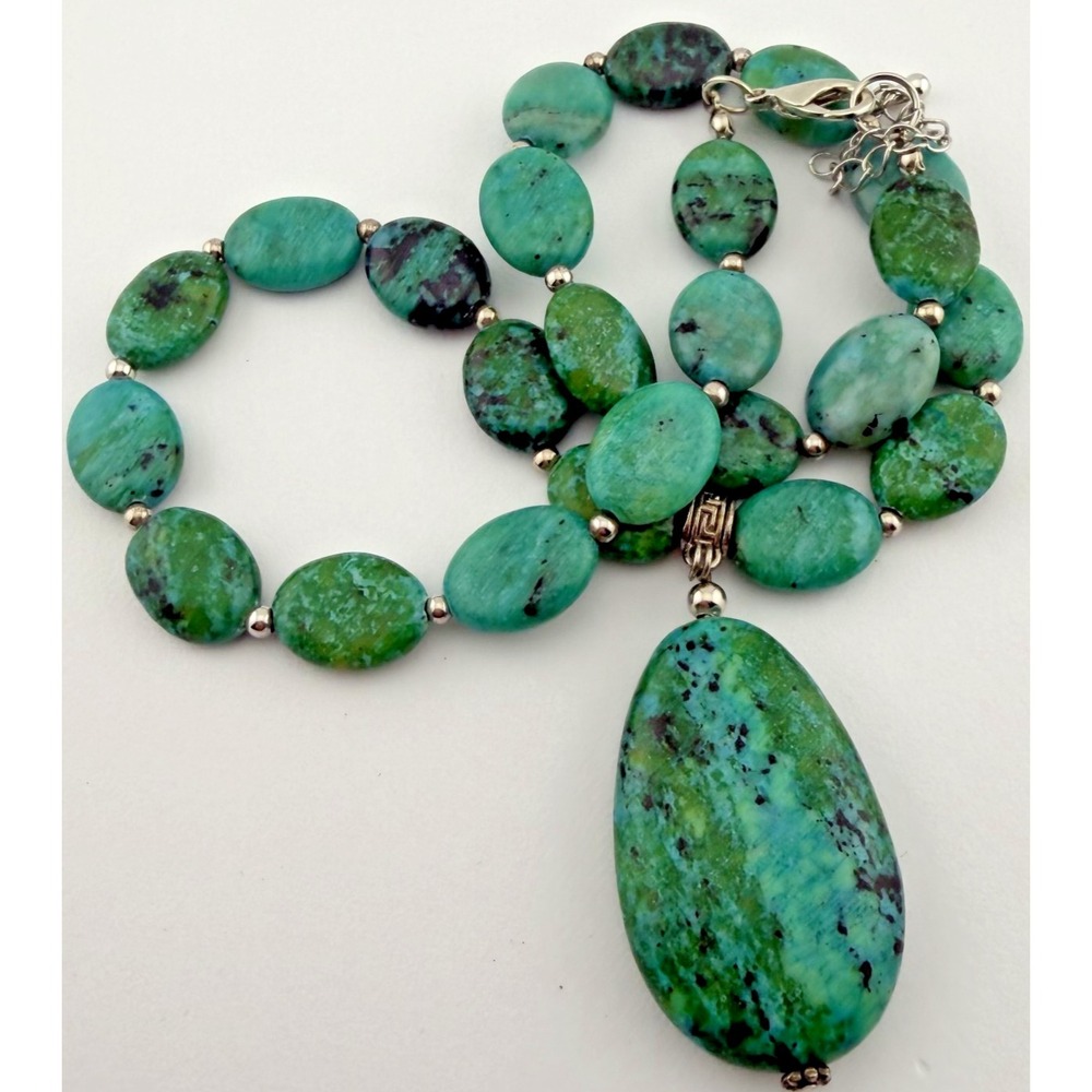 Chunky Turquoise  Color Stone Green Cabochon Beaded Necklace Pendant